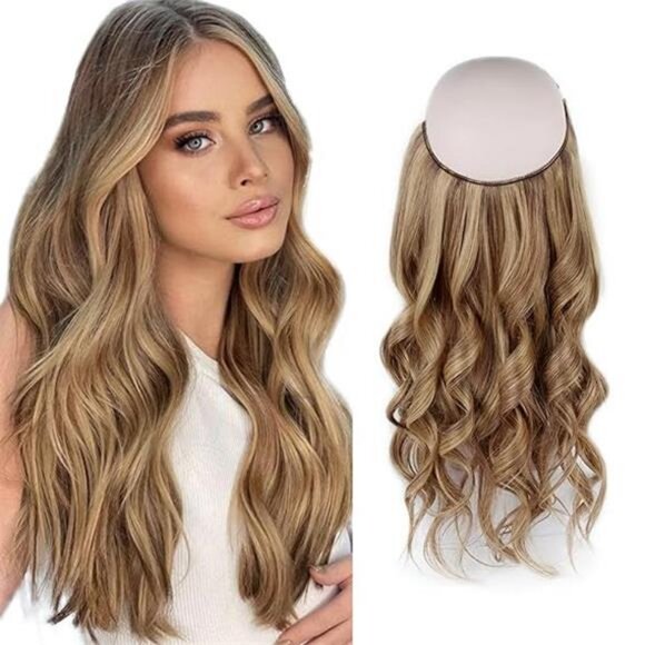 Fish Line Hair Extensions, Chestnut Brown w/Dark Blonde Highlights 22 Inch 100 G - Picture 7 of 7